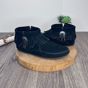 Minnetonka Black Suede Fringe Ankle Booties with Concho Detail